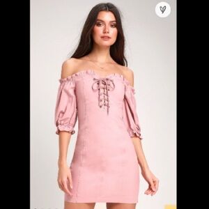 Lulu’s See Ya Later Mauve Pink Off The Shoulder Lace Up Dress, size small. NWT.